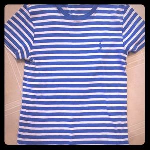 Blue and white striped polo shirt